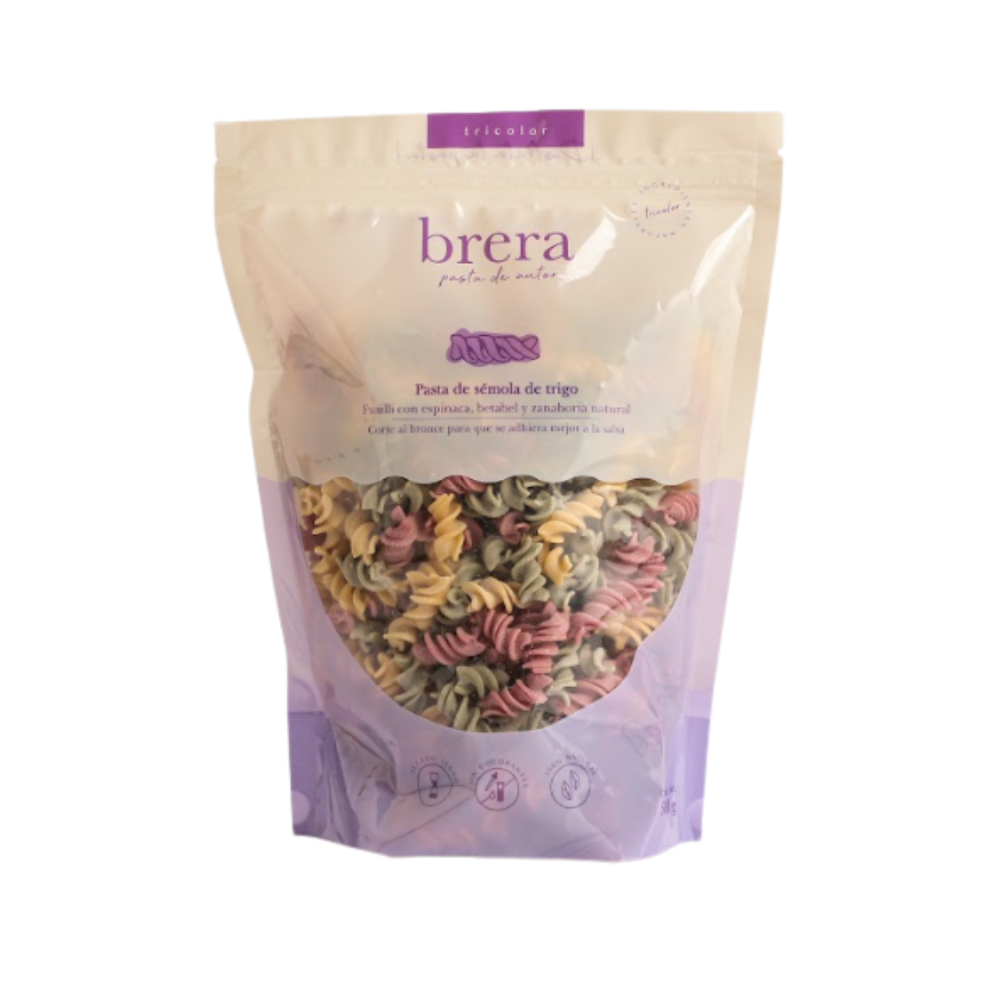 Fusilli tricolor con espinaca, betabel y zanahoria natural