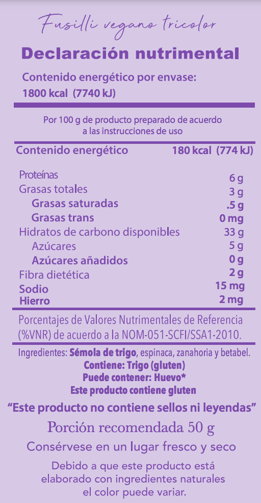 Fusilli tricolor con espinaca, betabel y zanahoria natural